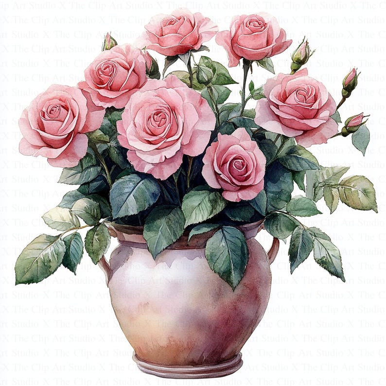 Pink Roses in Pot Clipart | 10 High Quality Jpgs | Digital Download ...
