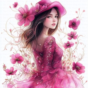 Pinky Floral Woman Clipart / 10 JPG di alta qualità / Download digitale / Fiori rosa / Clipart acquerello / Diari spazzatura / Artigianato di carta / Arte