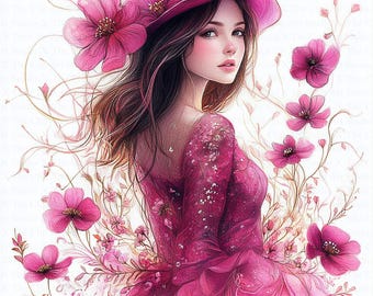 Pinky Frau Clipart | 10 hochwertige JPGs | Digitaler Download | rosa Blumen | Aquarell Clipart | Junk Journals | Papiermodelle | Artnr