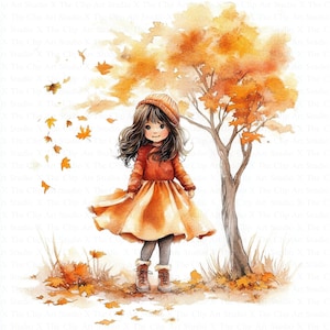 Kleines Mädchen im Herbst Clipart | 10 hochwertige JPGs | Digitaler Download | Digitales Papiermodell | Junk Journal | Druckbares Aquarell Clipart