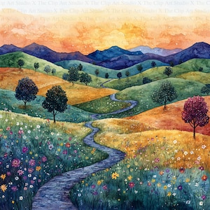 Clipart di paesaggio della steppa ad acquerello / 10 JPG di alta qualità / Download digitale / Creazione di biglietti / Tecnica mista / Arte per bambini, artigianato digitale con carta