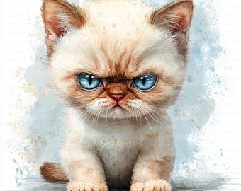 Super Grumpy Kitten Clipart | 10 High Quality JPGs | Digital Download | Fluffy Kitten | Watercolor Clipart | Paper Craft | Junk Journals