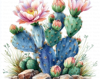 Cactus in Desert Clipart | 10 High Quality JPGs | Digital Download | Blooming Cactus | Watercolor Clipart | Paper Craft | Junk Journals