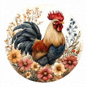 Könnte beinhalten: Ein Aquarellbild eines Hahns, der in einem Blumenfeld steht. Der Hahn ist braun, rot und blau mit einem großen, roten Kamm. Die Blumen sind in verschiedenen Farben, darunter rosa, gelb und blau.