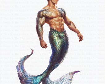 Watercolor Mermaid Man Clipart | 10 High Quality JPGs | Digital Download | Watercolor Clipart | Digital Paper Craft | Junk Journal, Poseidon
