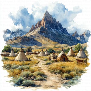 Clipart di campi di villaggi indiani nativi americani / 10 JPG di alta qualità / Download digitale / Diario spazzatura / Arte / Clipart acquerello / Artigianato di carta