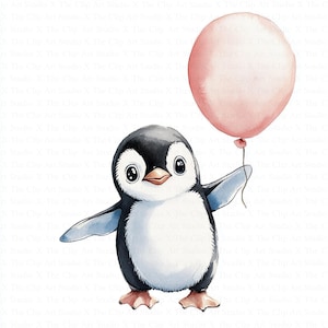 Bebé pingüino con globo, clipart / 10 archivos JPG de alta calidad / Descarga digital / Clipart de acuarela / Manualidades de papel / Diario basura / Scrapbooking