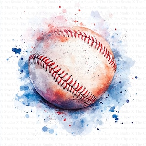 Può includere: Un'illustrazione ad acquerello di una palla da baseball con cuciture rosse su uno sfondo blu e bianco.