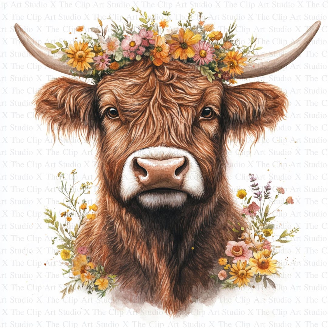 Watercolor Floral Highland Cows Clipart | 10 High Quality Jpgs ...