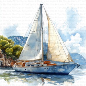 May include: A white sailboat with a brown deck and blue hull is sailing on a calm blue sea. The boat is in front of a green island with a rocky shore and a blue sky with white clouds.