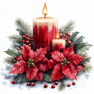 Clipart de vela navideña / 10 archivos JPG de alta calidad / Descarga digital / Clipart de flor de Pascua / Clipart de acuarela / Manualidades de papel / Scrapbooking