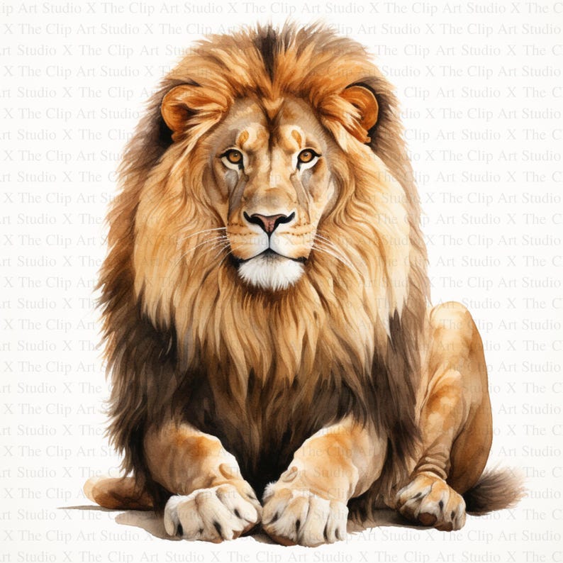 May include: A watercolor painting of a lion with a thick mane. The lion is sitting with its paws crossed in front of it. The lion has a light brown coat with a darker brown mane.