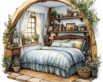 Clipart z sypialnią wróżki | 10 wysokiej jakości obrazów JPG | Pobieranie cyfrowe | Clipart z akwarelami | Cyfrowe rękodzieło papierowe | Dziennik śmieci | Scrapbooking