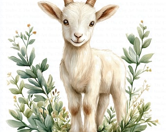 May include: A watercolor illustration of a white baby goat with brown horns standing in a bed of green leaves. The goat has a sweet expression and is looking directly at the viewer.