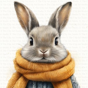 うさぎとスカーフのクリップアート | 10 枚の高品質 JPG | インスタント デジタル ダウンロード | カード作成 | 動物のクリップアート | デジタル ペーパー クラフト、スクラップブッキング