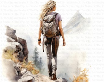 Woman Hiking Clipart | 10 High Quality JPGs | Digital Download | Paper Craft | Junk Journal | Mountain Hiking | Printable Watercolor Clipart