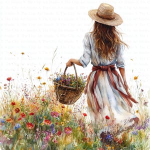Donna in un campo di fiori selvatici Clipart / 10 JPG di alta qualità / Download digitale / Clipart acquerello stampabile / Lavoretti di carta / Diario spazzatura