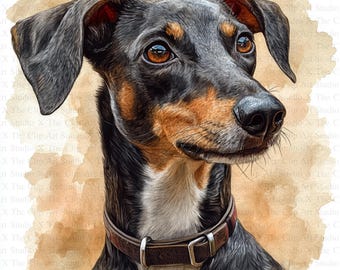 May include: A watercolor painting of a black and tan dog with a white chest. The dog has a brown leather collar and is looking to the right. The background is a light brown watercolor wash.