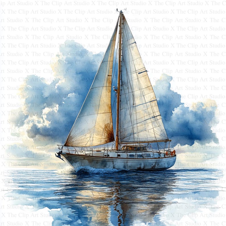 May include: A white sailboat with a brown mast sails on a blue body of water with white clouds in the sky. The water reflects the sky and the sailboat.