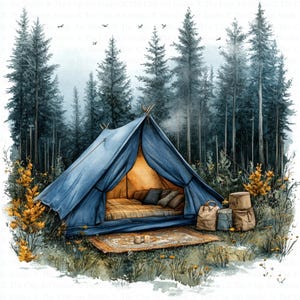 Cozy Camping Clipart | 10 High Quality JPGs | Digital Download | Paper Craft | Junk Journal | Camping Tent Clipart | Watercolor Clipart