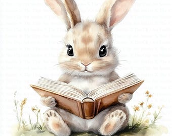 Bunny Reading Book Clipart | 10 High Quality JPGs | Digital Download | Paper Craft | Junk Journal | Art | Bunny Clipart | Watercolor Clipart