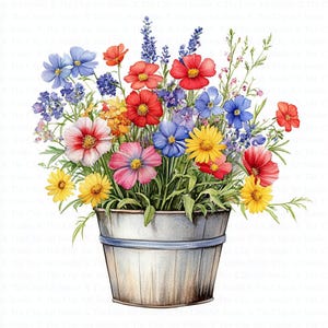 Wildflowers Clipart | 10 High Quality JPGs | Digital Download | Wildflowers in Bucket | Watercolor Clipart | Paper Craft | Junk Journal