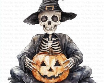 Halloween Skeleton Clipart | 10 High Quality JPGs | Digital Download | Paper Craft | Junk Journals | Skull Clipart | Watercolor Clipart