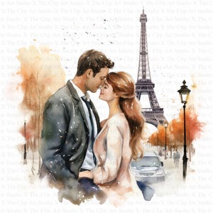 Clipart de pareja de enamorados en París / 10 archivos JPG de alta calidad / Descarga digital / Fabricación de tarjetas / Manualidades con papel digital / Clipart del día de San Valentín