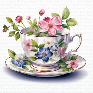 Floral Teacup Clipart | 10 High Quality JPGs | Digital Download | Junk Journal | Floral Tea Set | Printable Watercolor Clipart | Paper Craft