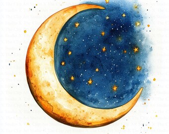 Boho Moon Clipart | 10 High Quality JPGs | Digital Download | Moon Wall Art | Watercolor Clipart | Paper Craft | Junk Journal | Scrapbooking