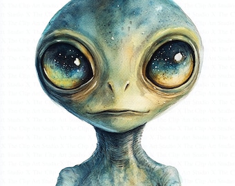 Alien Clipart | 10 High Quality JPGs | Digital Download | Paper Craft | Junk Journals | Scrapbooking | UFO | Printable Watercolor Clipart