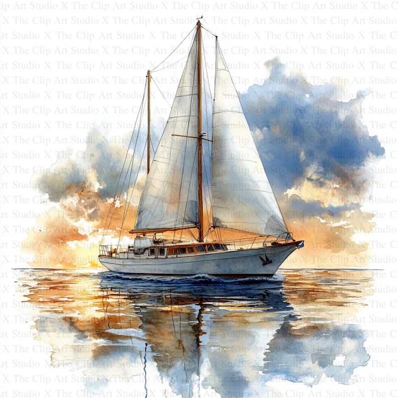 May include: A white sailboat with sails billowing in the wind, sailing on a body of water at sunset. The sky is a mix of blue, orange, and pink, with clouds reflecting in the water.