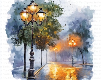 Watercolor Rainy Street Clipart | 10 High Quality JPG | Digital Download | Paper Craft | Junk Journal | Street Lantern Clipart | Clip Art