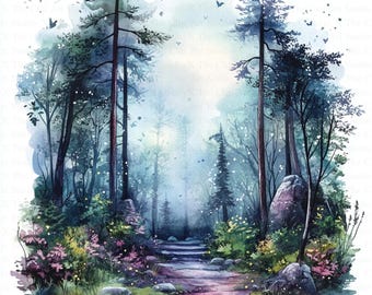 Clipart Foresta Incantata / 10 JPG di Alta Qualità / Download Digitale / Clipart Acquerello Stampabile / Artigianato Digitale di Carta / Diario di Scarto / Arte