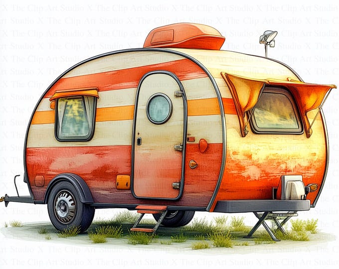 9 Cartoon Trailer Clipart, Camping Trailer, Printable Watercolor ...