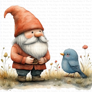 Gnomes and Bird Clipart | 10 High Quality JPGs | Digital Download | Card Making | Cute Gnome Clipart | Digital Paper Craft | Nursery Art