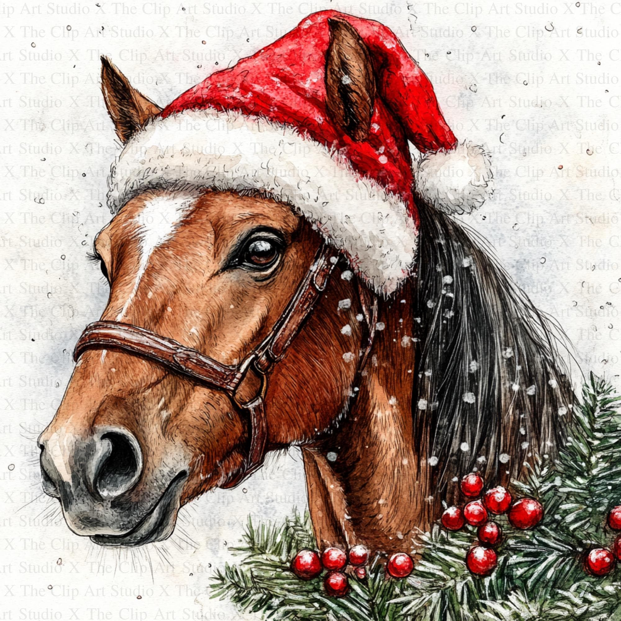 Watercolor Christmas Horses Clipart | 10 High Quality Jpgs | Digital ...