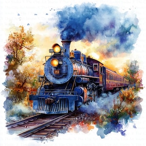 Cartoon Locomotives Clipart | 10 High Quality JPGs | Digital Download | Paper Craft | Junk Journal | Antique Train | Watercolor Clipart