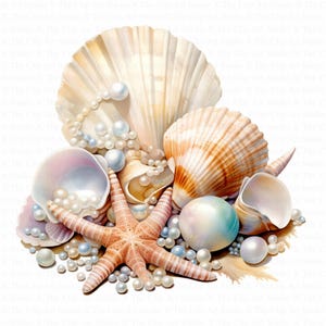 Seashells Pearls Clipart | 10 High Quality JPGs | Digital Download | Paper Craft | Junk Journals | Seashell Clipart | Watercolor Clipart