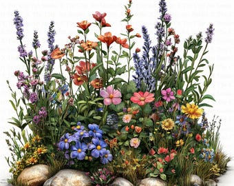 May include: A colorful flower arrangement with a variety of blooms, including pink, purple, blue, yellow, and orange flowers. The flowers are arranged in a cluster and surrounded by rocks and green foliage.