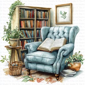 May include: A blue armchair with a book resting on the seat. The armchair is in front of a wooden bookshelf filled with books. There is a potted plant to the left of the armchair and a framed picture on the wall behind the armchair.