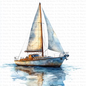May include: A watercolor painting of a sailboat with white sails and a brown hull, sailing on a blue body of water. The water is reflecting the light of the sun, creating a shimmering effect.