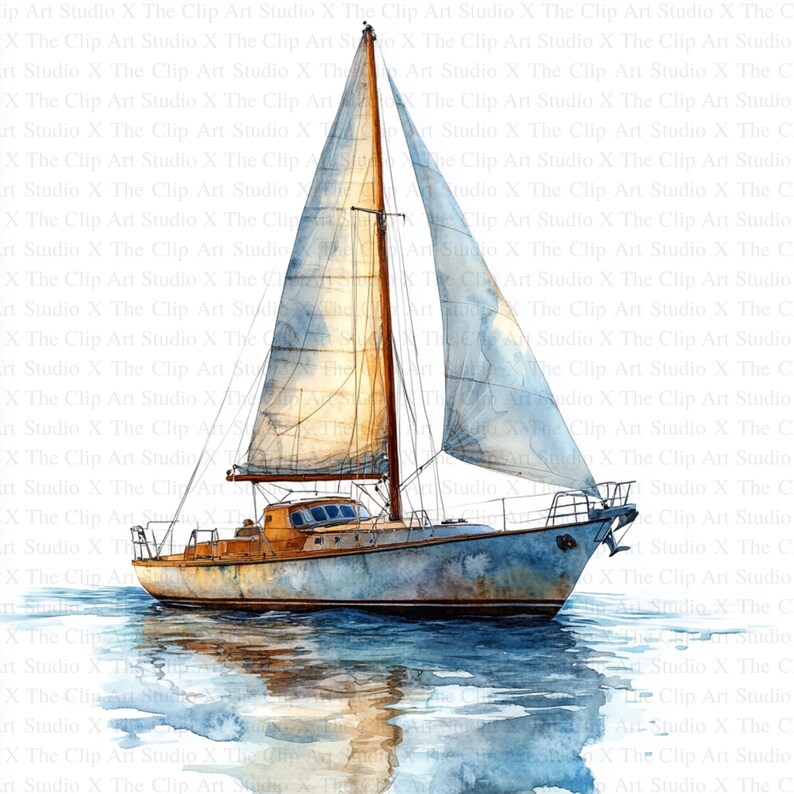May include: A watercolor painting of a sailboat with white sails and a brown hull, sailing on a blue body of water. The water is reflecting the light of the sun, creating a shimmering effect.