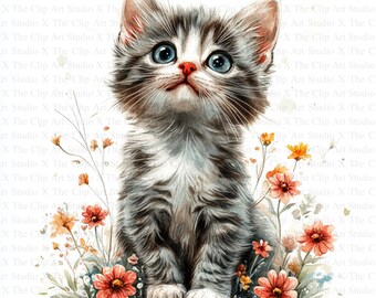 Kitten With Flowers Clipart | 10 High Quality JPGs | Instant Digital Download | Printable Clipart | Paper Craft | Junk Journals, Cat Clipart