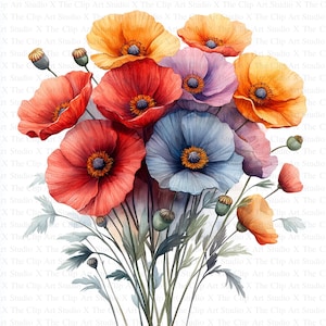 Blumenstrauß Mohn Clipart | 10 hochwertige JPGs | Sofortiger digitaler Download | Botanische Kunst | Kartengestaltung | Journaling, Digitales Papier Handwerk