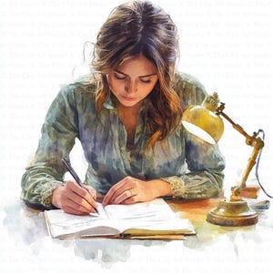 Vrouw schrijven clipart | 10 JPG's van hoge kwaliteit | Digitale download | Papiermodellen | Junkjournaal | Schrijver-clipart | Afdrukbare aquarel clipart