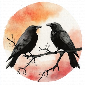 Two Crows Clipart | 10 High Quality JPGs | Digital Download | Crow Logo Clipart | Raven | Watercolor Clipart | Paper Craft | Junk Journal