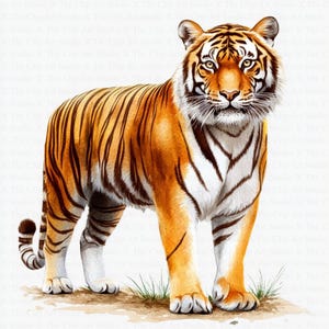 Puede incluir: Una pintura de acuarela de un tigre de pie sobre una superficie marrón claro con hierba verde. El tigre tiene rayas naranjas y negras y un pecho blanco. El tigre está mirando directamente al espectador.