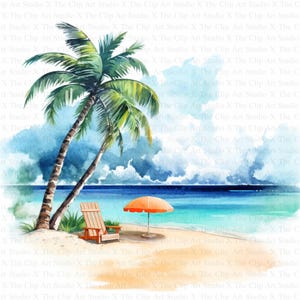 Sunny Beach Clipart | 10 High Quality JPGs | Digital download | Palms Clipart | Tropical Beach | Printable Watercolor Clipart | Paper Craft