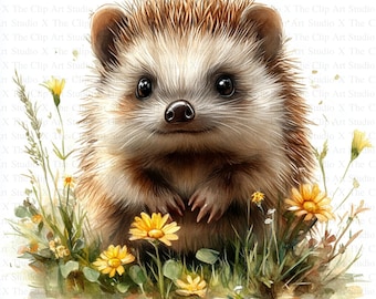 Cute Hedgehog in Grass Clipart | 10 High Quality JPGs | Instant Digital download | Printable Watercolor Clipart | Paper Craft, Junk Journals